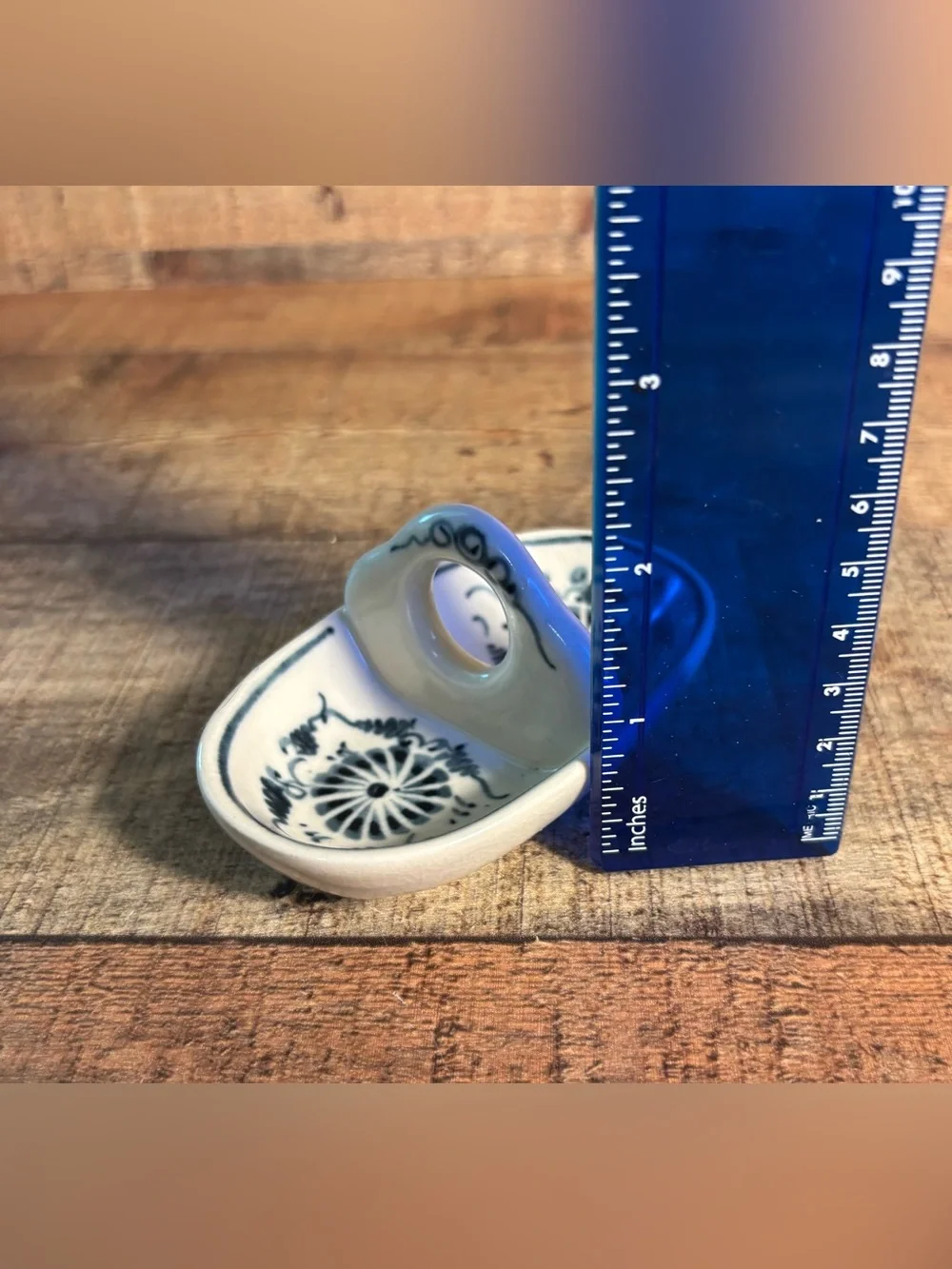World Market Hand Paint Blue & Creamy White Ceramic Ring Jewelry Trinket Dish